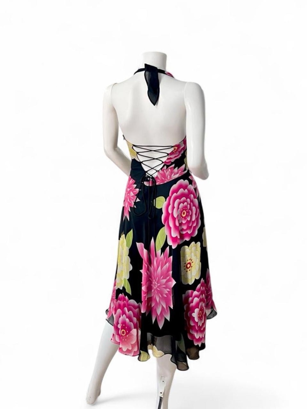 Floral Halter Backless Midi Dress Caché - Black with Pink & Yellow Blooms